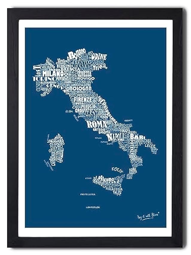 Mapa A3 azul moderno de doble cara Italia Italia - Forma de nombres de ciudades italianas - 117 x 165in Papel premium - SIN MARCO - Póster impreso Arte de la pared Decoración Hogar Salón Decoración guOBWCUY